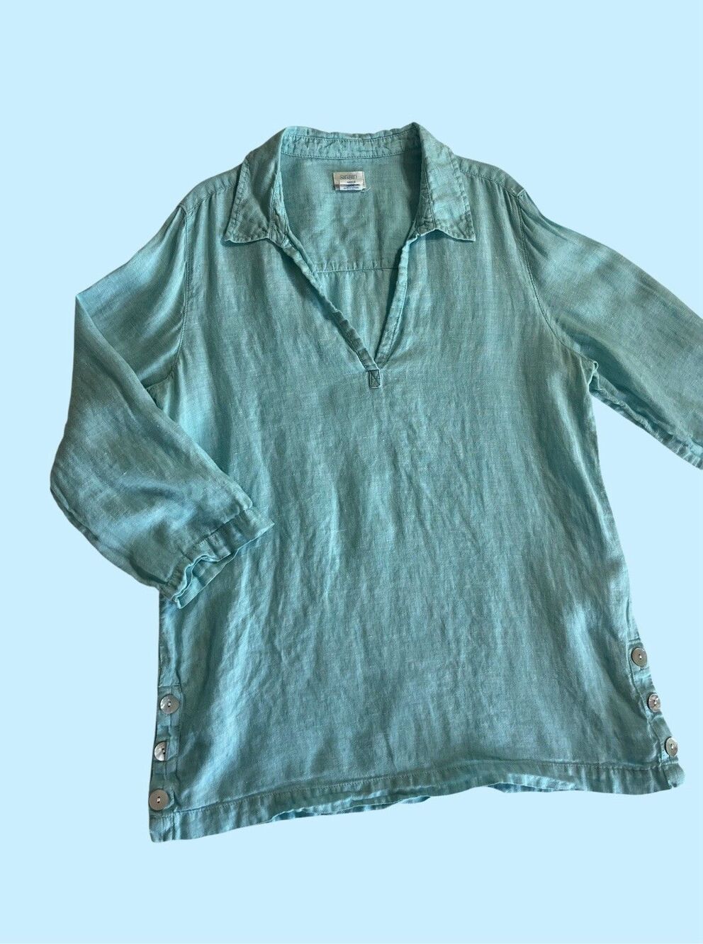Sigrid Olsen Popover Tunic Top Shirt Blue Collared 100% Linen COASTAL LAGENLOOK